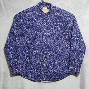 Yiume Shirt Mens Large Blue Botanical Floral Print Long Sleeve Button Up Cotton
